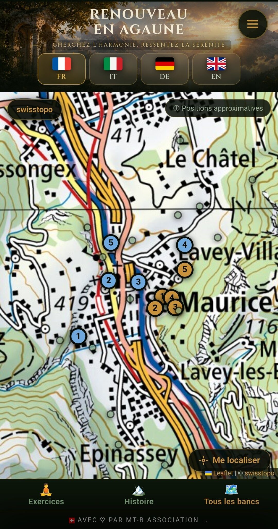 Carte de l’application avec tous les points et parcours